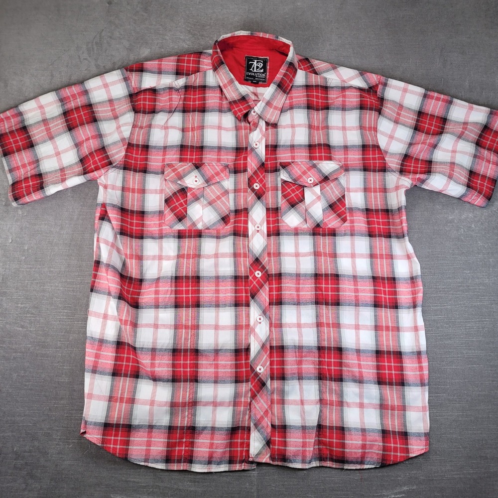 Evolution In Design Button Down Men 5XL Red Plaid Short Sleeve Flannel Shirt